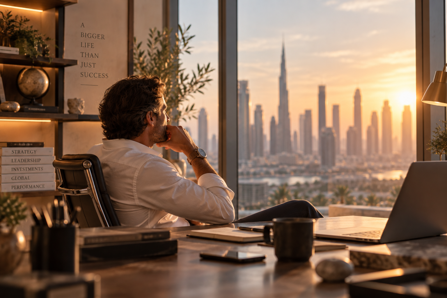 A contemplative man seated in his office overlooking a sunlit city skyline