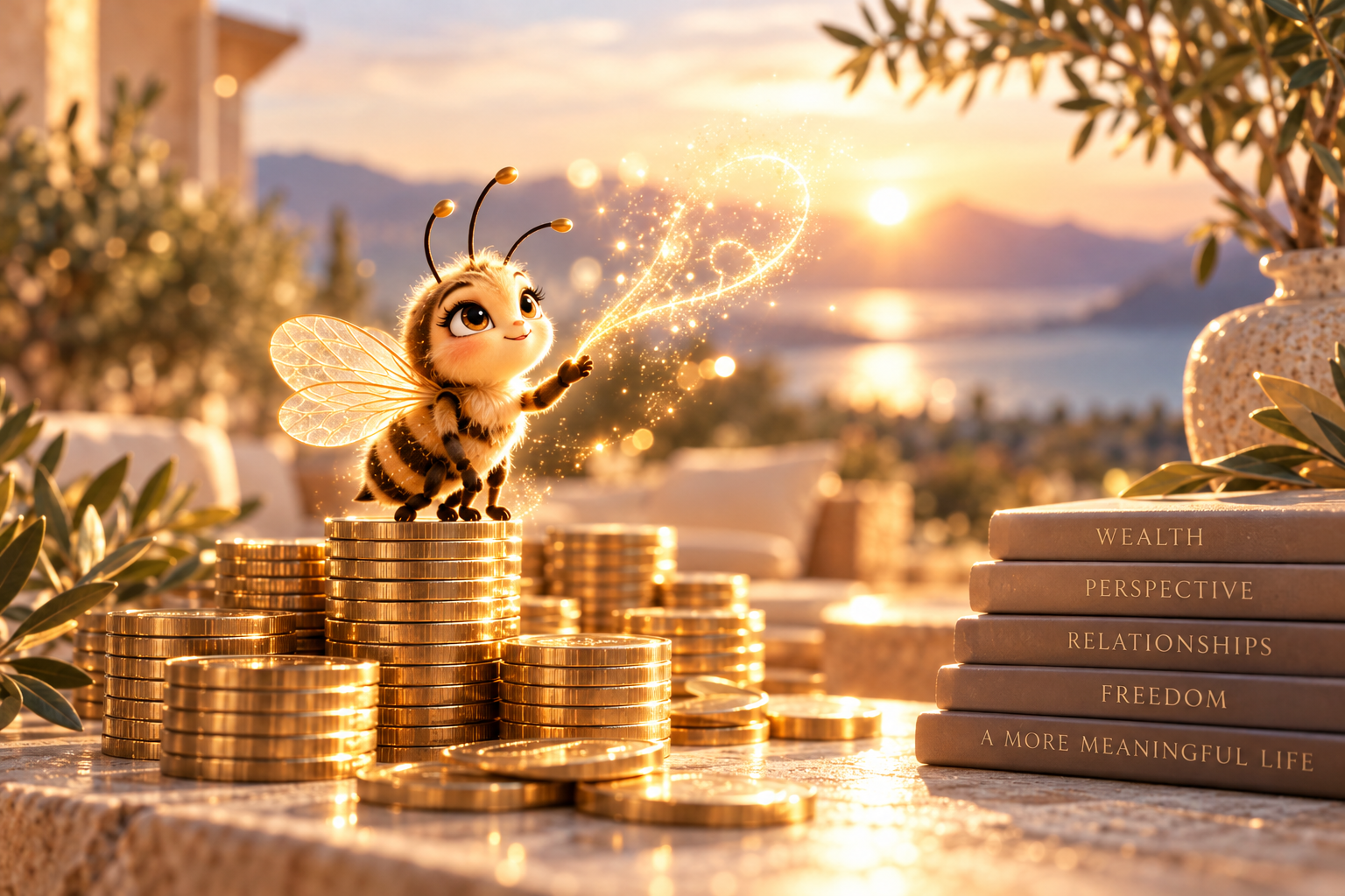 The SOULINATE bee standing on golden coins at sunset, spreading a trail of golden light beside books titled Wealth, Perspective, Relationships, Freedom and A More Meaningful Life