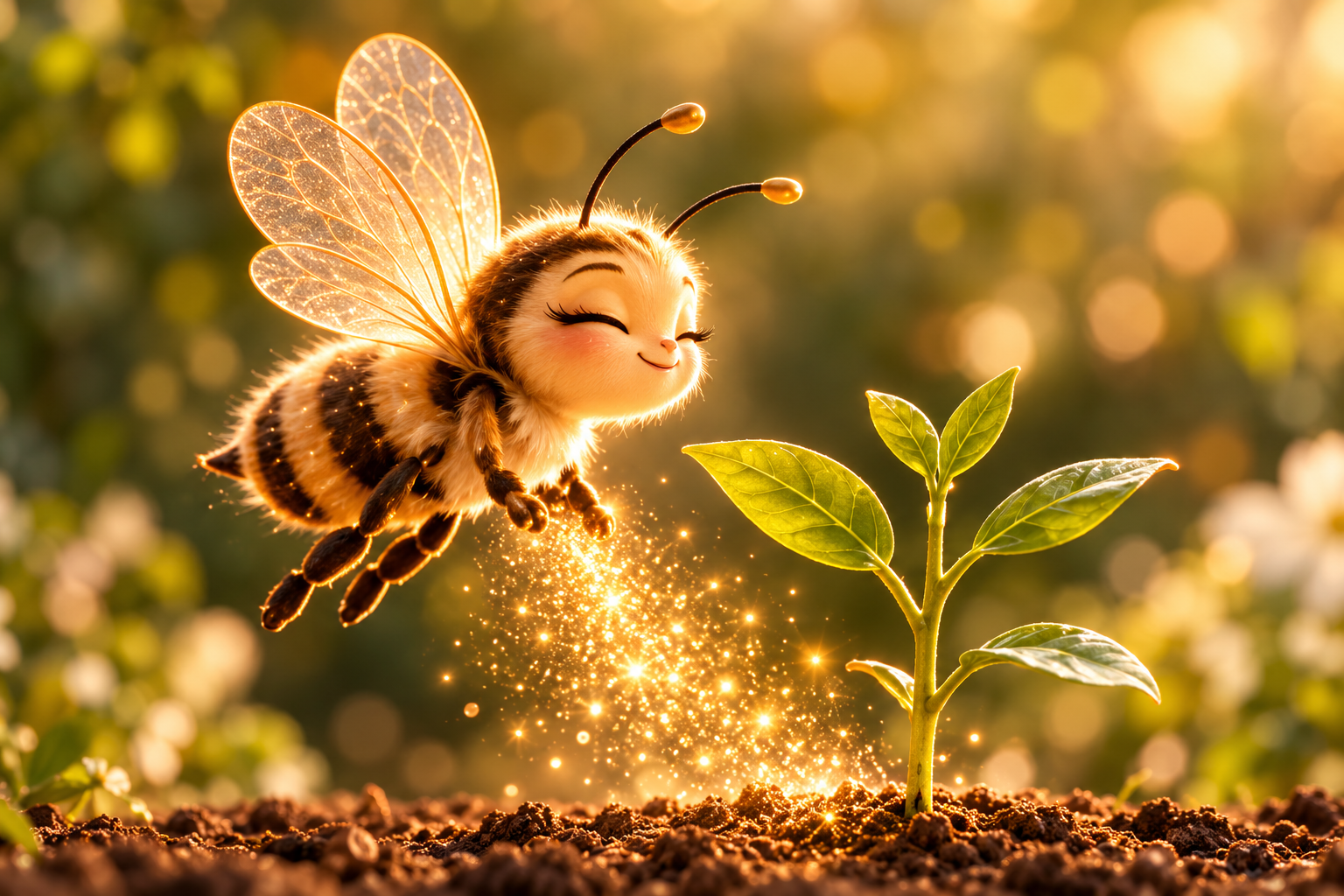 The SOULINATE bee gently nurturing a young green plant with a stream of golden light