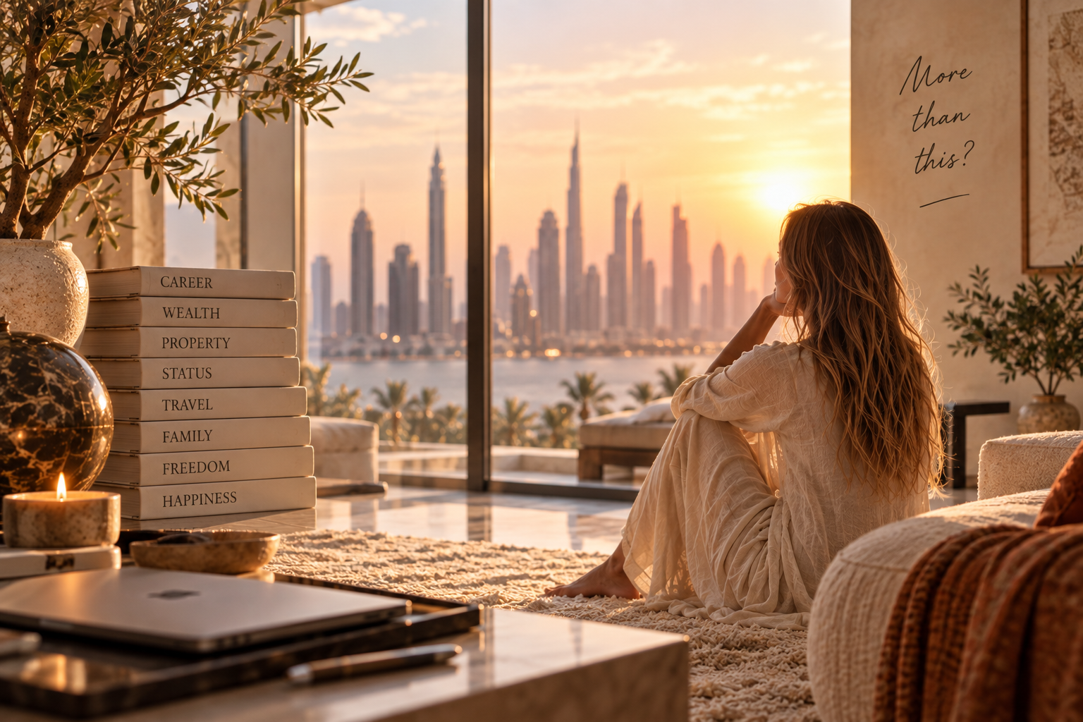 A reflective woman in a warm home looking toward a sunlit city skyline