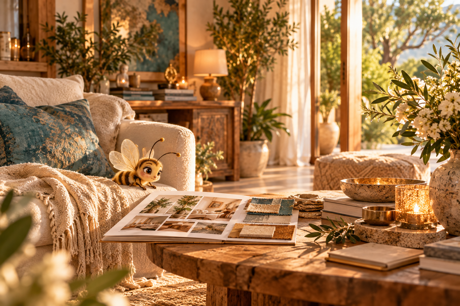 Sunlit, personal living room with an interior moodboard on the table and the Soulinate bee on the sofa