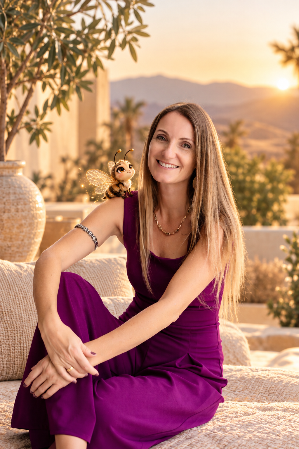 Andrea Mathis smiling on a sunlit terrace at sunset, with the SOULINATE bee resting on her shoulder